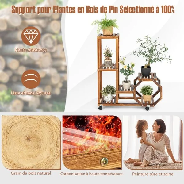 Étagère à Plantes Bois à 6 Niveaux Support Plantes à Roulettes 87,5 x 29 x 103 cm Intérieur Extérieur Balcon Jardin Marron