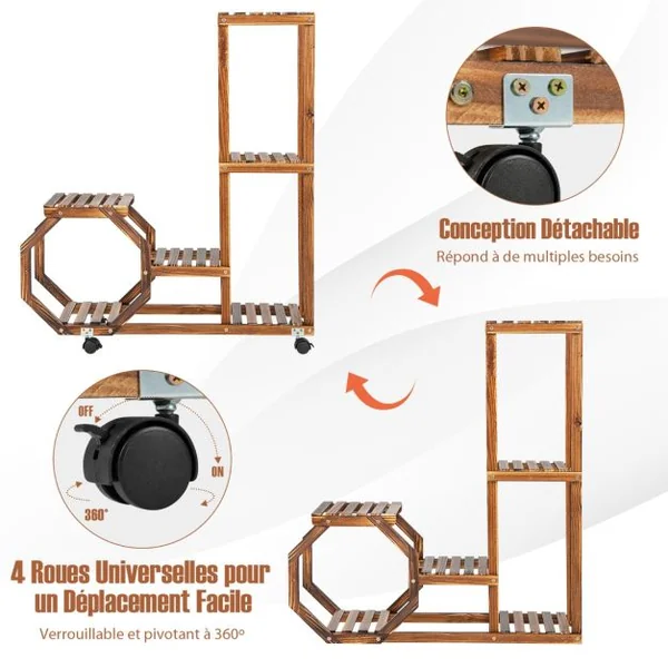Étagère à Plantes Bois à 6 Niveaux Support Plantes à Roulettes 87,5 x 29 x 103 cm Intérieur Extérieur Balcon Jardin Marron