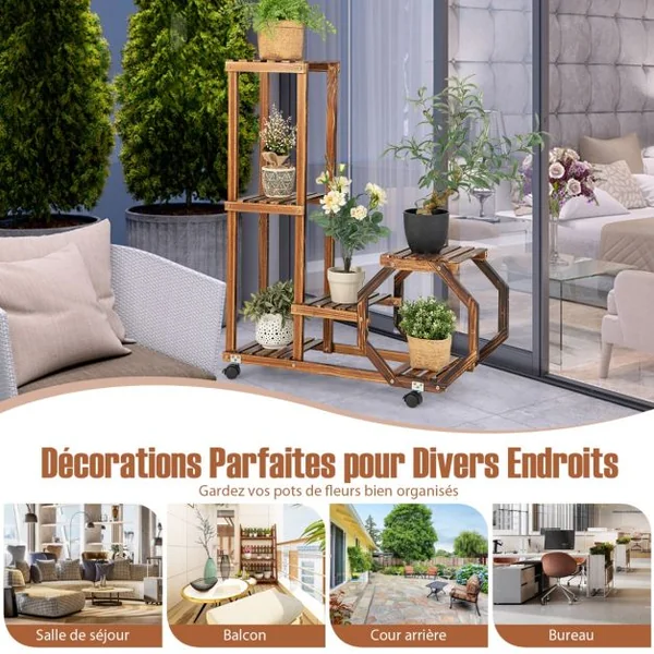 Étagère à Plantes Bois à 6 Niveaux Support Plantes à Roulettes 87,5 x 29 x 103 cm Intérieur Extérieur Balcon Jardin Marron
