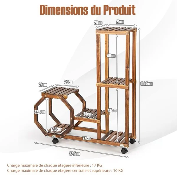 Étagère à Plantes Bois à 6 Niveaux Support Plantes à Roulettes 87,5 x 29 x 103 cm Intérieur Extérieur Balcon Jardin Marron