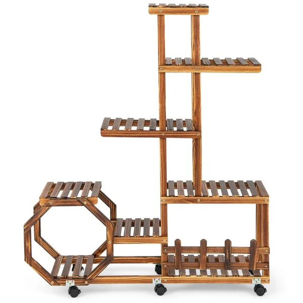 Étagère à Plantes Bois à 8 Niveaux Support Plantes à Roulettes 107 x 26 x 126 cm Intérieur Extérieur Balcon Jardin
