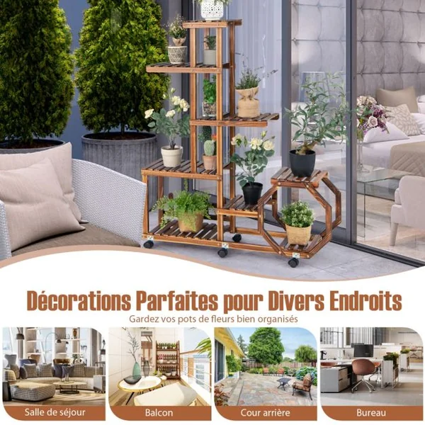 Étagère à Plantes Bois à 8 Niveaux Support Plantes à Roulettes 107 x 26 x 126 cm Intérieur Extérieur Balcon Jardin
