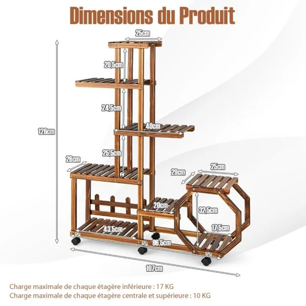 Étagère à Plantes Bois à 8 Niveaux Support Plantes à Roulettes 107 x 26 x 126 cm Intérieur Extérieur Balcon Jardin