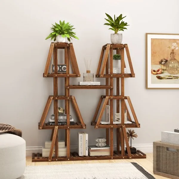 Étagère à Plantes Fleurs en Bois de pin carbonisé Porte-Plante 5 Niveaux Conception à Lattes Intérieur Extérieur