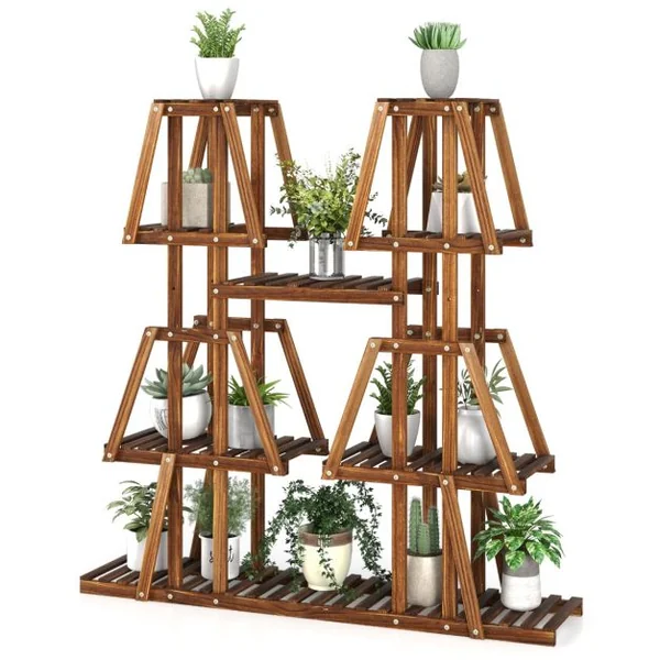 Étagère à Plantes Fleurs en Bois de pin carbonisé Porte-Plante 5 Niveaux Conception à Lattes Intérieur Extérieur