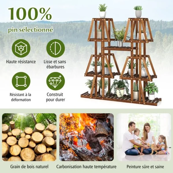 Étagère à Plantes Fleurs en Bois de pin carbonisé Porte-Plante 5 Niveaux Conception à Lattes Intérieur Extérieur