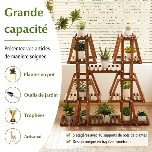Étagère à Plantes Fleurs en Bois de pin carbonisé Porte-Plante 5 Niveaux Conception à Lattes Intérieur Extérieur