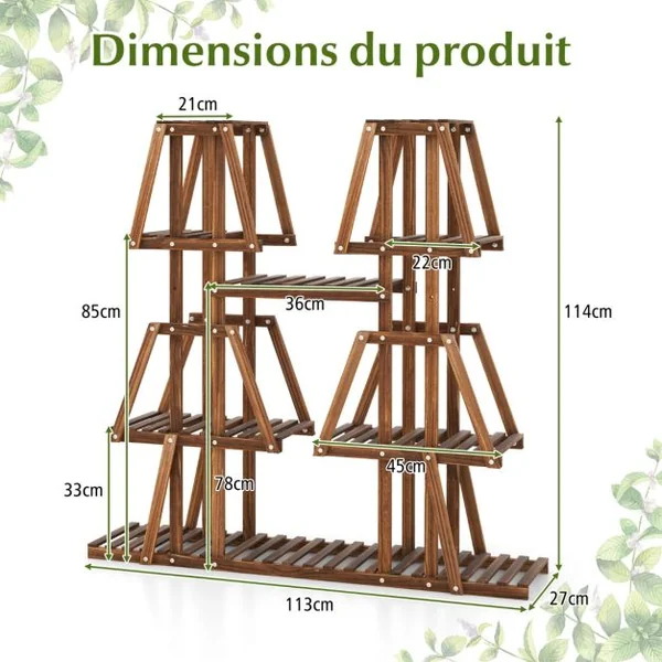 Étagère à Plantes Fleurs en Bois de pin carbonisé Porte-Plante 5 Niveaux Conception à Lattes Intérieur Extérieur