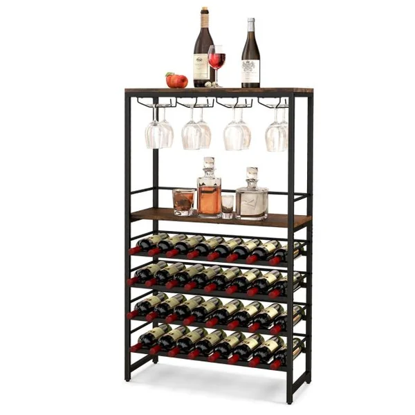 Étagère à Vin 32 Bouteilles Casier à Vin à 4 Niveaux avec 4 Rangées Porte-Verres Bar Cuisine Salle à Manger