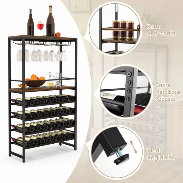 Étagère à Vin 32 Bouteilles Casier à Vin à 4 Niveaux avec 4 Rangées Porte-Verres Bar Cuisine Salle à Manger