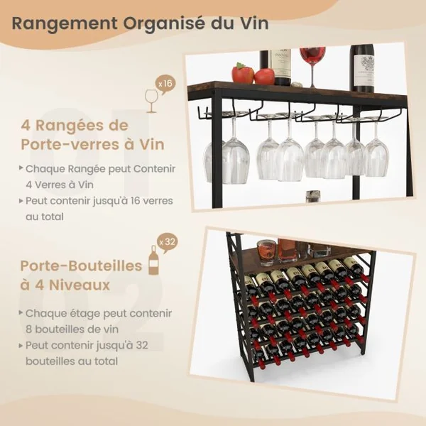 Étagère à Vin 32 Bouteilles Casier à Vin à 4 Niveaux avec 4 Rangées Porte-Verres Bar Cuisine Salle à Manger
