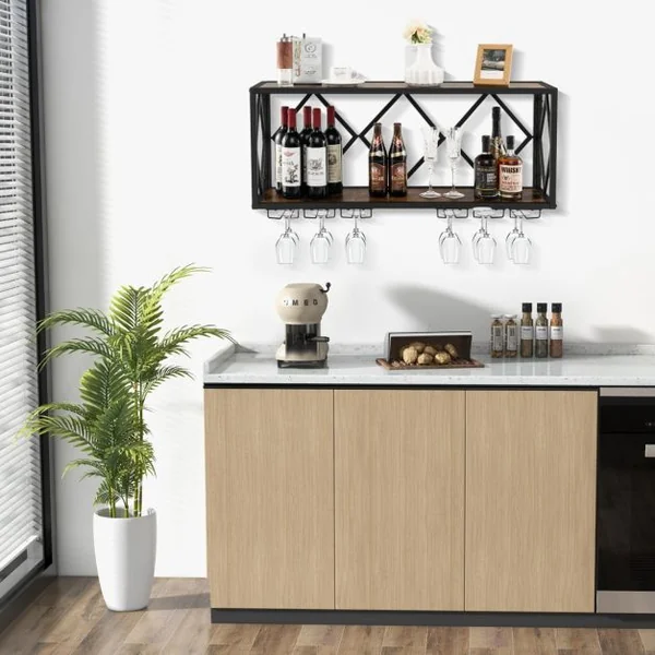 Étagère à vin Murale Industrielle pour 39 Bouteilles avec Porte-Verre à Pied Casier à Bouteilles 2 Niveaux pour Cuisine Bar