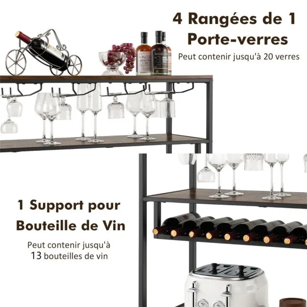 Étagère à Vin pour 13 Bouteilles Porte-Bouteille Industriel avec 4 Rangées Porte-Verres Casier à Vin pour Cuisine Bar Cave