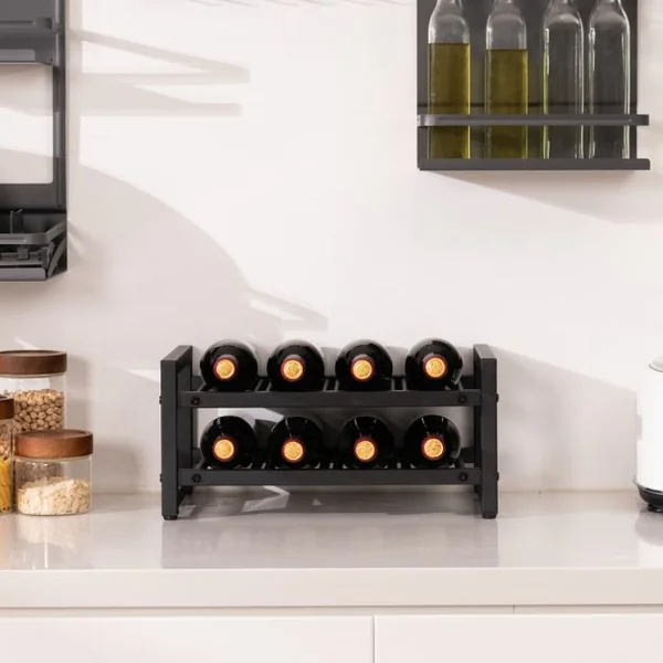 Étagère/Casier à Vin en Métal pour 8 Bouteilles Surface Antirouille Porte-Bouteille 2 Niveaux avec Repose-Pieds Réglables