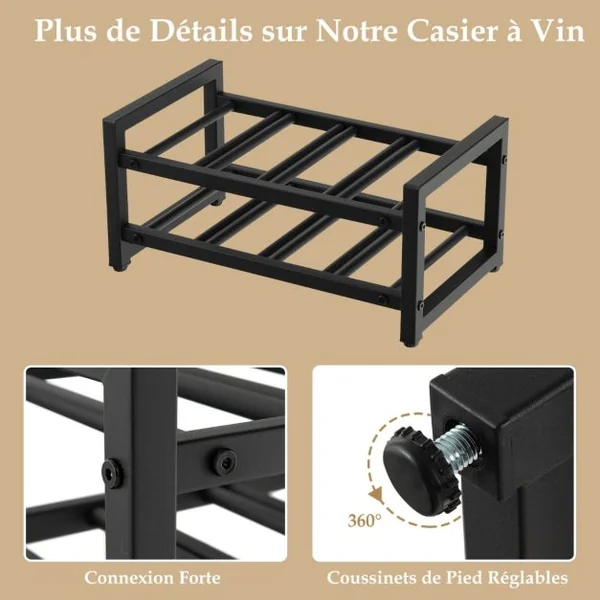Étagère/Casier à Vin en Métal pour 8 Bouteilles Surface Antirouille Porte-Bouteille 2 Niveaux avec Repose-Pieds Réglables