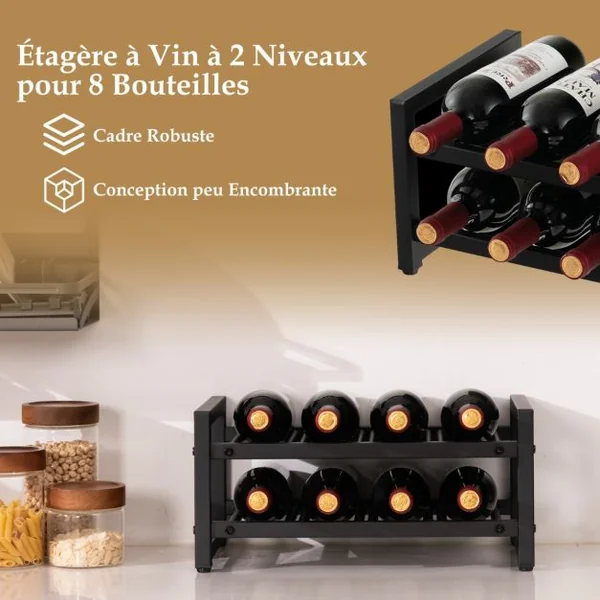 Étagère/Casier à Vin en Métal pour 8 Bouteilles Surface Antirouille Porte-Bouteille 2 Niveaux avec Repose-Pieds Réglables