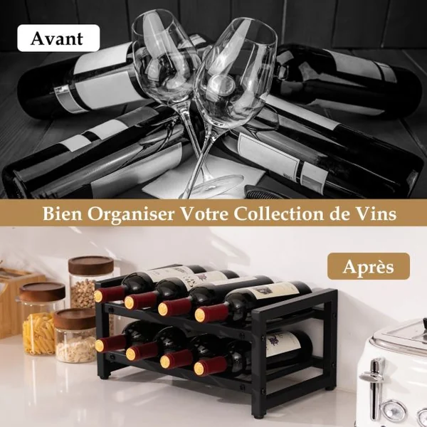 Étagère/Casier à Vin en Métal pour 8 Bouteilles Surface Antirouille Porte-Bouteille 2 Niveaux avec Repose-Pieds Réglables