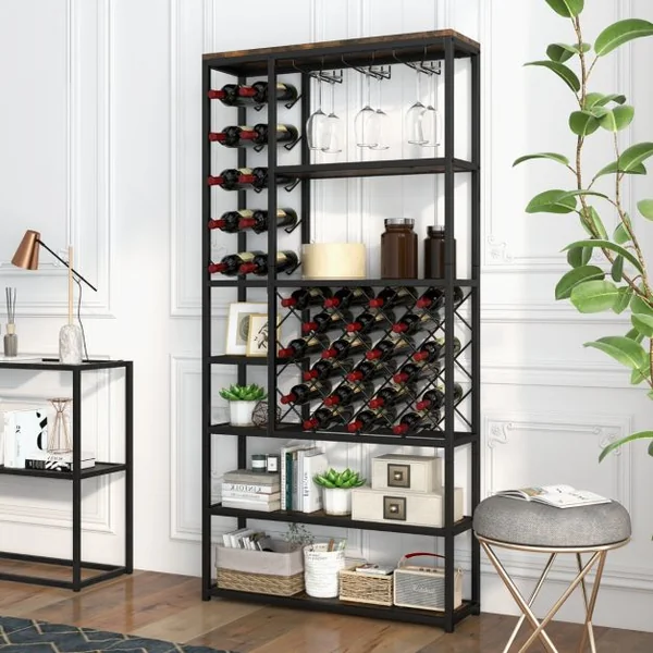 Étagère/Casier à Vin pour 27 Bouteilles Porte-Bouteille avec 3 Porte-Verres Style Industriel pour Cuisine Bar Salle à Manger