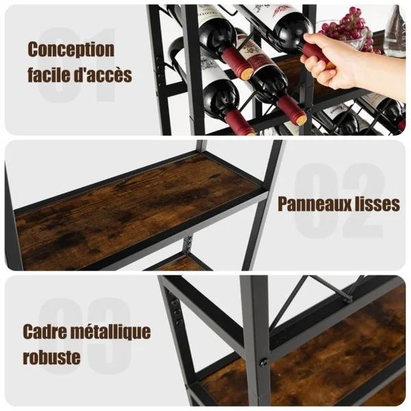Étagère/Casier à Vin pour 27 Bouteilles Porte-Bouteille avec 3 Porte-Verres Style Industriel pour Cuisine Bar Salle à Manger