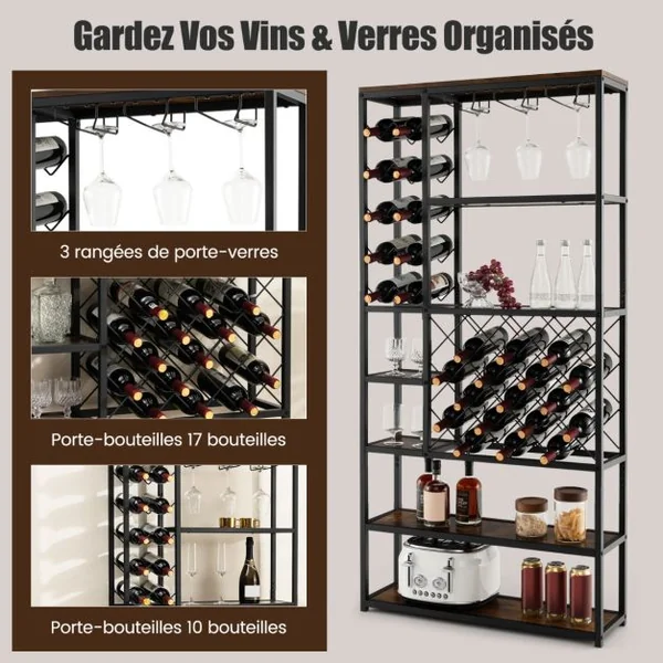 Étagère/Casier à Vin pour 27 Bouteilles Porte-Bouteille avec 3 Porte-Verres Style Industriel pour Cuisine Bar Salle à Manger
