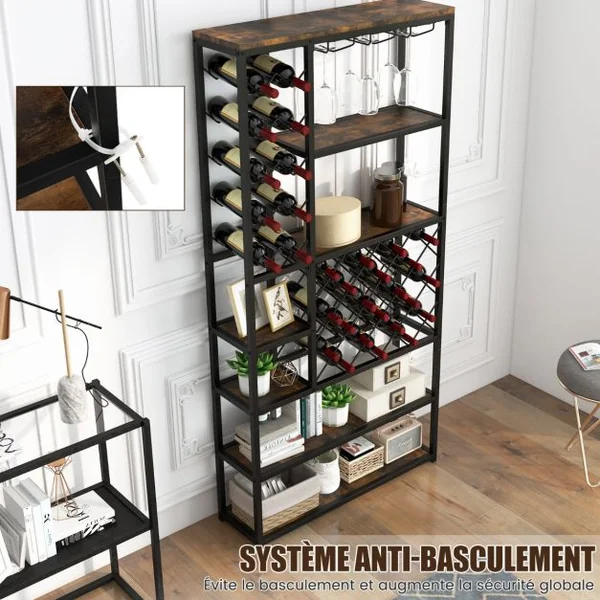 Étagère/Casier à Vin pour 27 Bouteilles Porte-Bouteille avec 3 Porte-Verres Style Industriel pour Cuisine Bar Salle à Manger