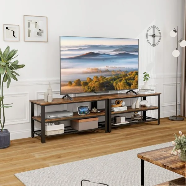 Étagères de Rangement 3 Niveaux Meuble TV jusqu'à 50" Cadre en Métal Coussinets de Pieds Réglables Style Industriel Marron Rustique
