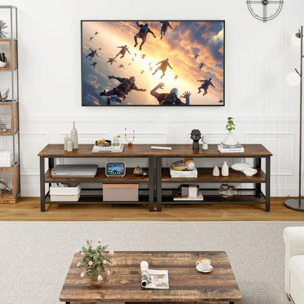 Étagères de Rangement 3 Niveaux Meuble TV jusqu'à 50" Cadre en Métal Coussinets de Pieds Réglables Style Industriel Marron Rustique