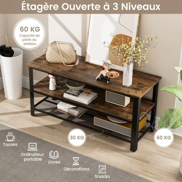 Étagères de Rangement 3 Niveaux Meuble TV jusqu'à 50" Cadre en Métal Coussinets de Pieds Réglables Style Industriel Marron Rustique