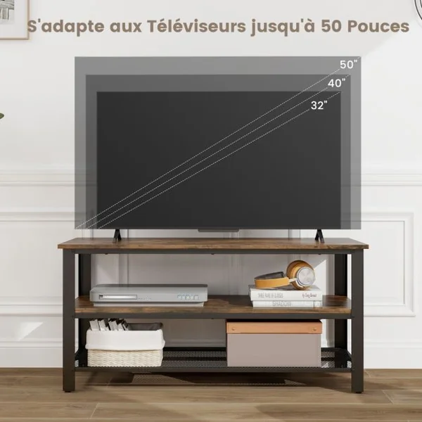 Étagères de Rangement 3 Niveaux Meuble TV jusqu'à 50" Cadre en Métal Coussinets de Pieds Réglables Style Industriel Marron Rustique