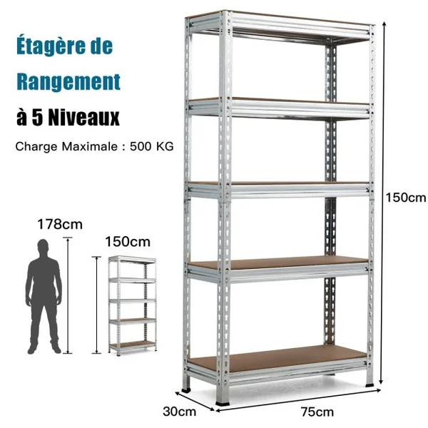 Étagères de Rangement En Métal à 5 Niveaux Support Industriel Robuste avec Etagères Réglables Etagère de Rangement 75 x 30 x 150 CM Argent