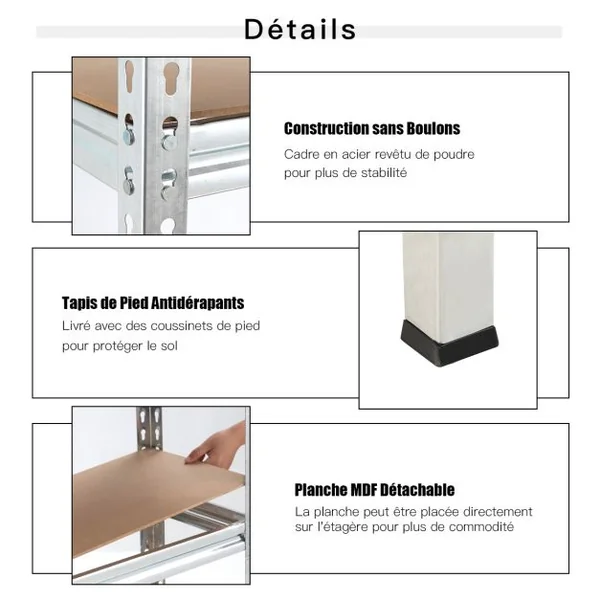 Étagères de Rangement En Métal à 5 Niveaux Support Industriel Robuste avec Etagères Réglables Etagère de Rangement 75 x 30 x 150 CM Argent