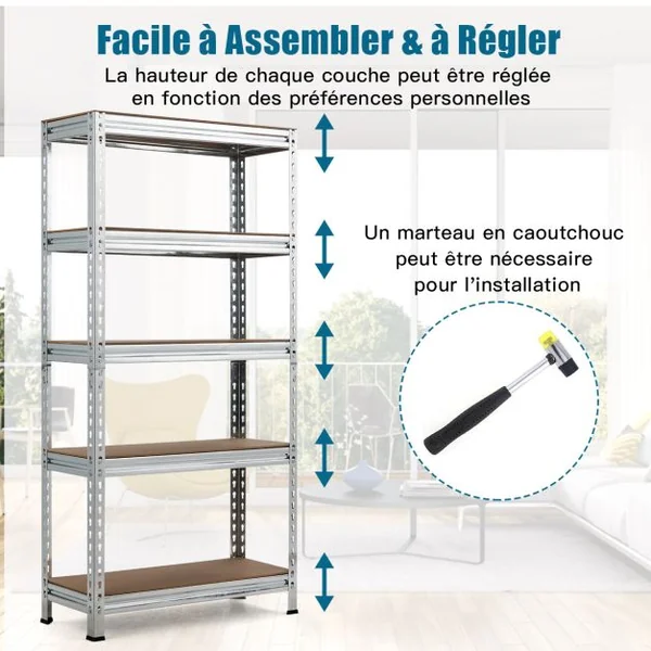 Étagères de Rangement En Métal à 5 Niveaux Support Industriel Robuste avec Etagères Réglables Etagère de Rangement 75 x 30 x 150 CM Argent