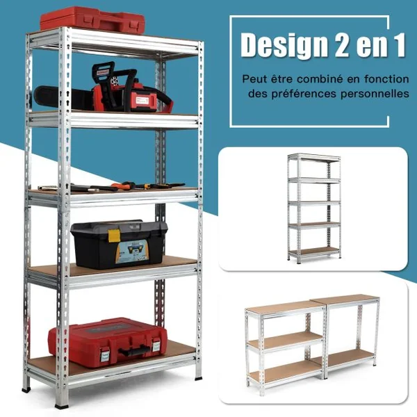 Étagères de Rangement En Métal à 5 Niveaux Support Industriel Robuste avec Etagères Réglables Etagère de Rangement 75 x 30 x 150 CM Argent