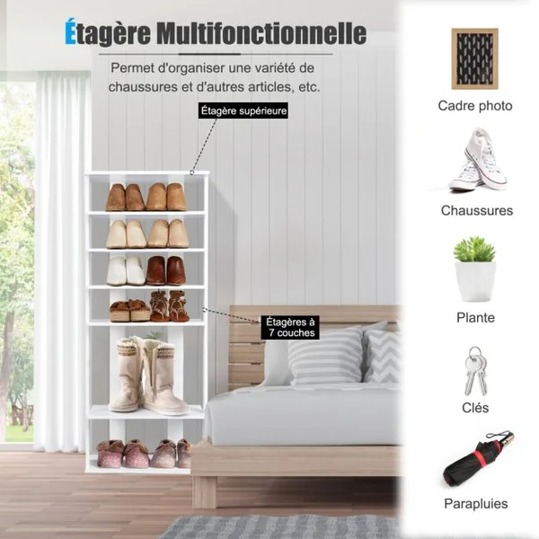 Étagères/Meuble à Chaussures à 7 Niveaux 45 x 25 x 110 cm Porte-chaussures pour Entrée Couloir Salon Chambre Blanc