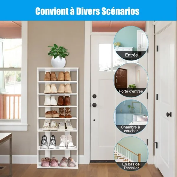 Étagères/Meuble à Chaussures à 7 Niveaux 45 x 25 x 110 cm Porte-chaussures pour Entrée Couloir Salon Chambre Blanc