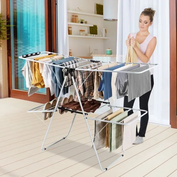 Étendoir Linge Pliable 33 Barres 26 Pinces à Chaussettes Sechoir à Linge à 2 Niveaux Grande Surface d'Etendage en Acier