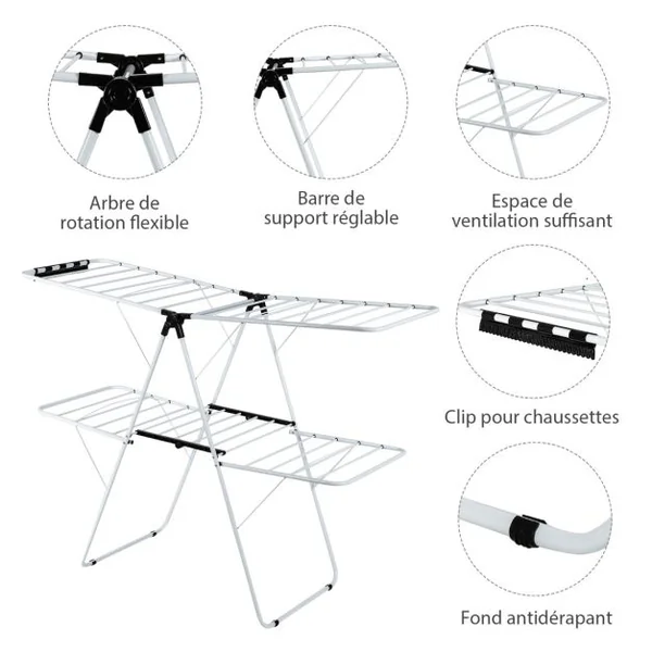 Étendoir Linge Pliable 33 Barres 26 Pinces à Chaussettes Sechoir à Linge à 2 Niveaux Grande Surface d'Etendage en Acier