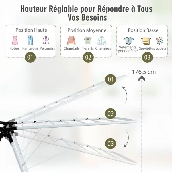 Étendoir Linge Pliable 33 Barres 26 Pinces à Chaussettes Sechoir à Linge à 2 Niveaux Grande Surface d'Etendage en Acier