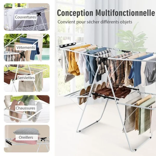 Étendoir Linge Pliable 33 Barres 26 Pinces à Chaussettes Sechoir à Linge à 2 Niveaux Grande Surface d'Etendage en Acier