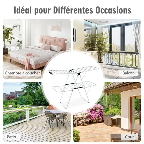 Étendoir Linge Pliable 33 Barres 26 Pinces à Chaussettes Sechoir à Linge à 2 Niveaux Grande Surface d'Etendage en Acier