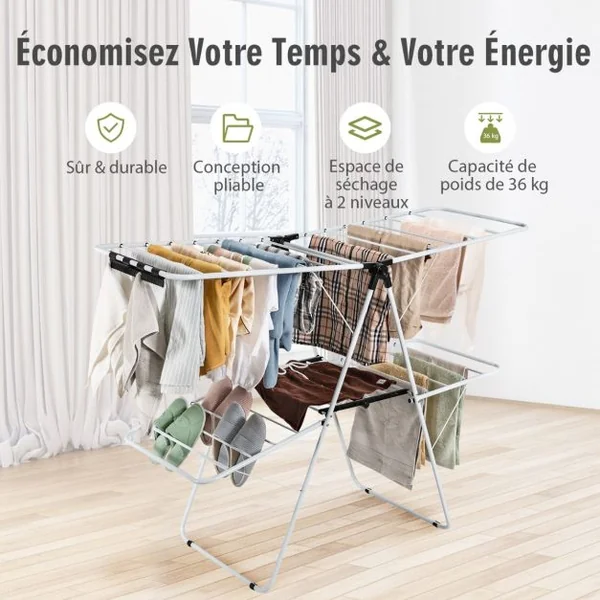 Étendoir Linge Pliable 33 Barres 26 Pinces à Chaussettes Sechoir à Linge à 2 Niveaux Grande Surface d'Etendage en Acier