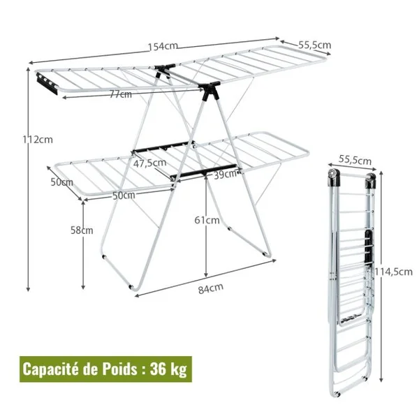 Étendoir Linge Pliable 33 Barres 26 Pinces à Chaussettes Sechoir à Linge à 2 Niveaux Grande Surface d'Etendage en Acier
