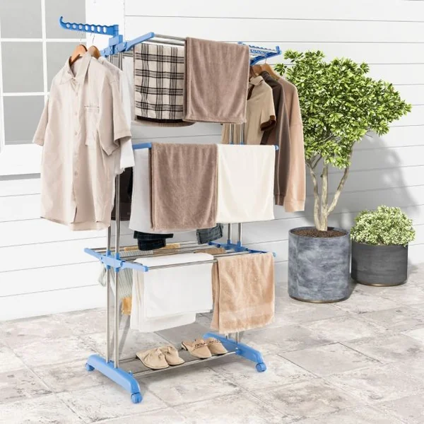 Étendoir à Linge Sechoir à Linge à Roulettes Pliable 4 Niveaux en Métal avec Porte-Chaussures Intérieur Extérieur Bleu