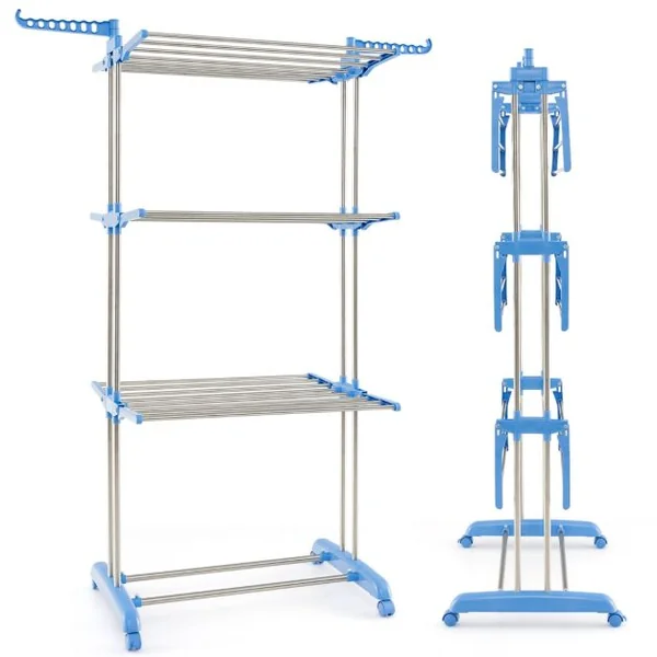 Étendoir à Linge Sechoir à Linge à Roulettes Pliable 4 Niveaux en Métal avec Porte-Chaussures Intérieur Extérieur Bleu