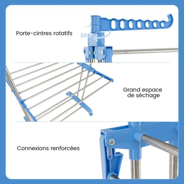 Étendoir à Linge Sechoir à Linge à Roulettes Pliable 4 Niveaux en Métal avec Porte-Chaussures Intérieur Extérieur Bleu