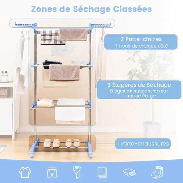Étendoir à Linge Sechoir à Linge à Roulettes Pliable 4 Niveaux en Métal avec Porte-Chaussures Intérieur Extérieur Bleu