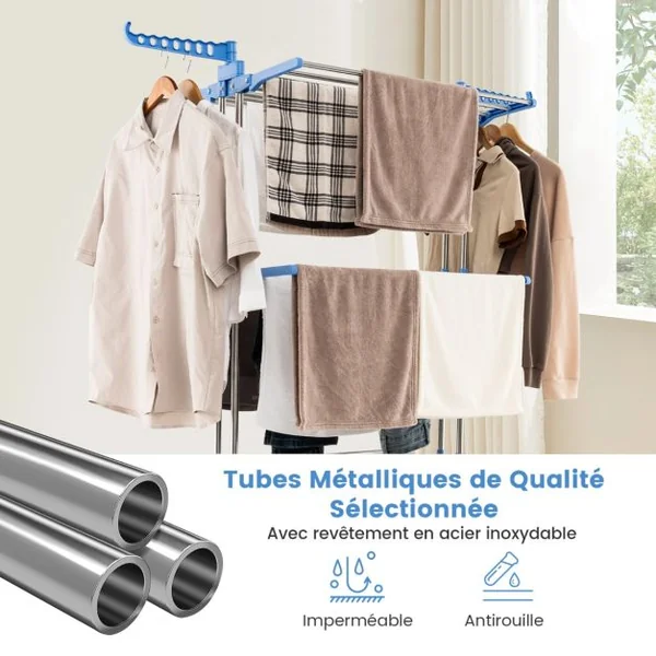 Étendoir à Linge Sechoir à Linge à Roulettes Pliable 4 Niveaux en Métal avec Porte-Chaussures Intérieur Extérieur Bleu