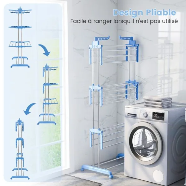 Étendoir à Linge Sechoir à Linge à Roulettes Pliable 4 Niveaux en Métal avec Porte-Chaussures Intérieur Extérieur Bleu