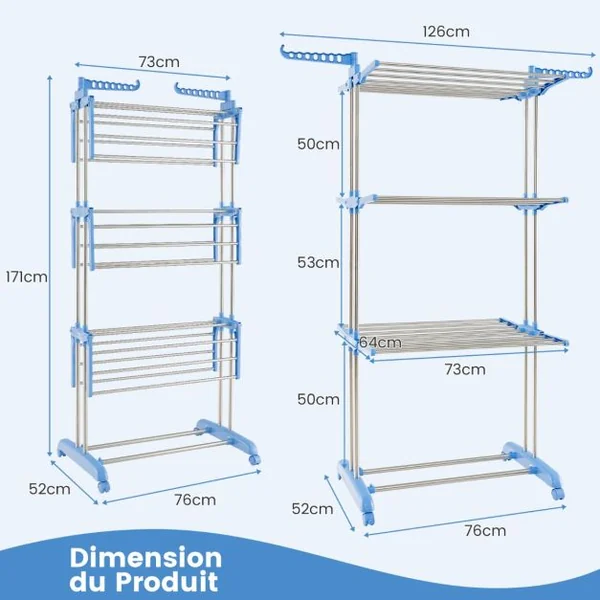Étendoir à Linge Sechoir à Linge à Roulettes Pliable 4 Niveaux en Métal avec Porte-Chaussures Intérieur Extérieur Bleu