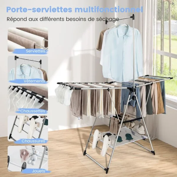 Étente à Linge en Aluminium de Style Papillon 6 Niveaux de Hauteur Réglable Design de Cintre Haut Pliable pour Vêtements Serviettes Chaussures